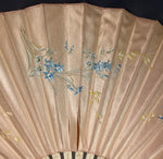 Large 32cm Antique French Hand Fan, Painted Silk and Carved Bone Monture, Art Nouveau