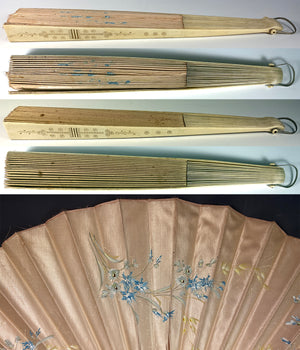 Large 32cm Antique French Hand Fan, Painted Silk and Carved Bone Monture, Art Nouveau