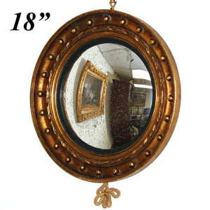 Large Antique French Napoleon III Witch's Eye Round Convex Wall Mirror, Gilt Gesso on Wood Frame