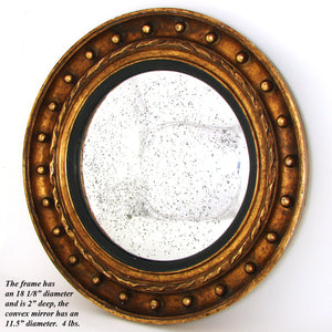 Large Antique French Napoleon III Witch's Eye Round Convex Wall Mirror, Gilt Gesso on Wood Frame