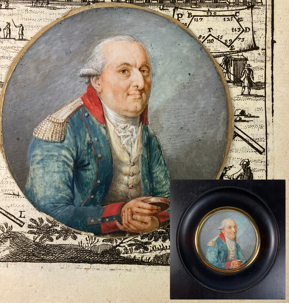 RARE Fabulous c.1770s Portrait Miniature, Old Military Officer in Uniform with Snuff Box, Frame