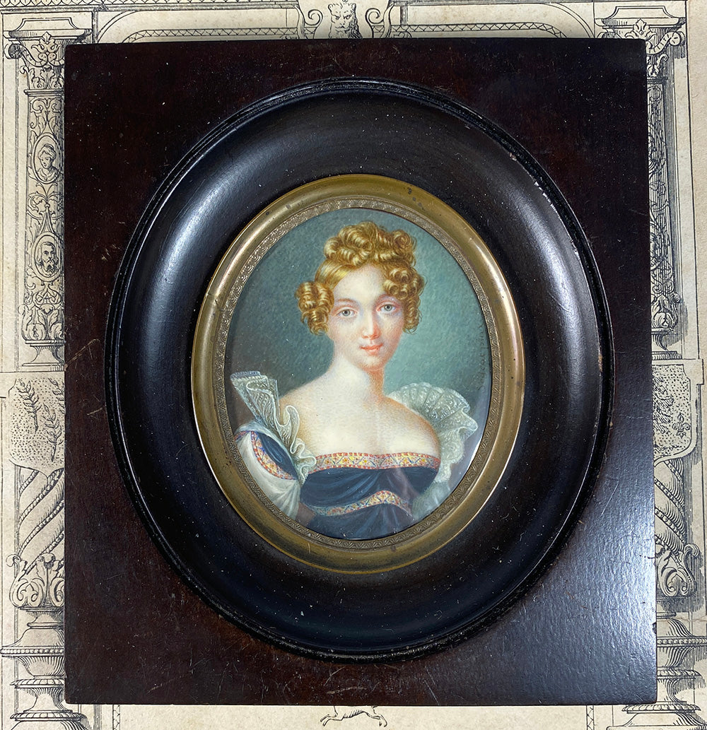 Exquisite Antique French Portrait Miniature, Stunning French Empire Blond Beauty, Signed by Artist