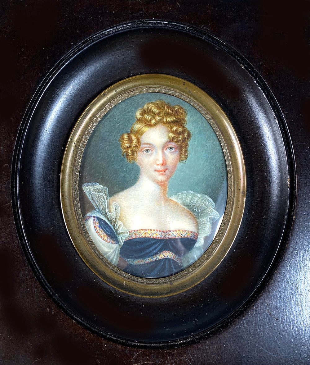 Exquisite Antique French Portrait Miniature, Stunning French Empire Blond Beauty, Signed by Artist