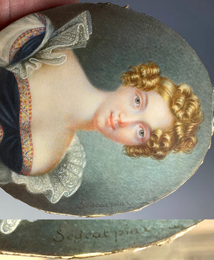 Exquisite Antique French Portrait Miniature, Stunning French Empire Blond Beauty, Signed by Artist