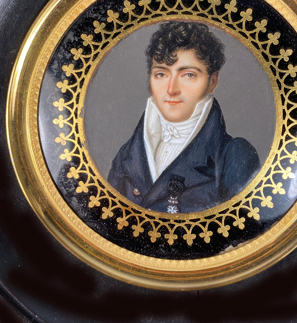 Antique French Portrait Miniature, c.1830s, A Handsome Young Man, Eglomise Mat, Frame, Medal