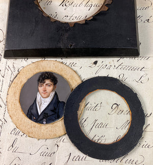 Antique French Portrait Miniature, c.1830s, A Handsome Young Man, Eglomise Mat, Frame, Medal