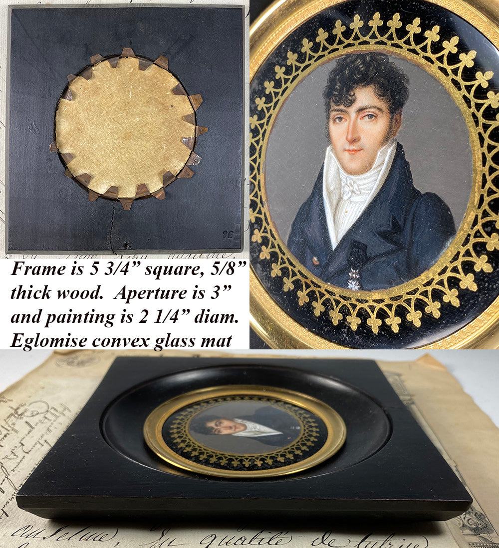 Antique French Portrait Miniature, c.1830s, A Handsome Young Man, Eglomise Mat, Frame, Medal