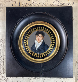 Antique French Portrait Miniature, c.1830s, A Handsome Young Man, Eglomise Mat, Frame, Medal