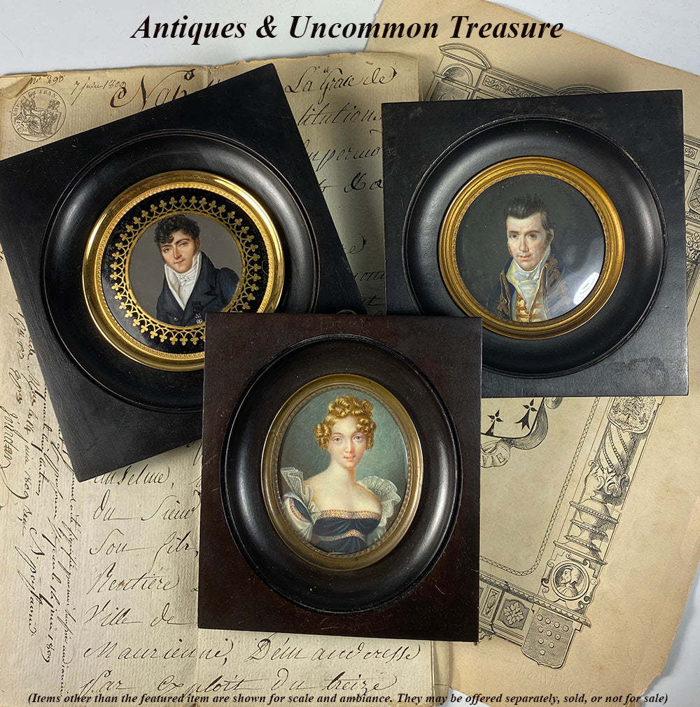 Antique French Portrait Miniature, c.1830s, A Handsome Young Man, Eglomise Mat, Frame, Medal