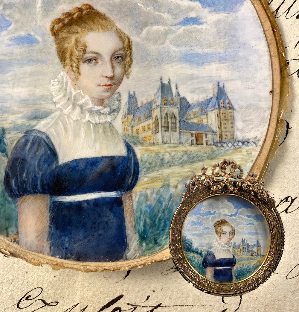 Antique c.1815-25 French Portrait Miniature, Beautiful Blond and Chateau in Distance, Dore Bronze Frame