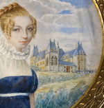 Antique c.1815-25 French Portrait Miniature, Beautiful Blond and Chateau in Distance, Dore Bronze Frame