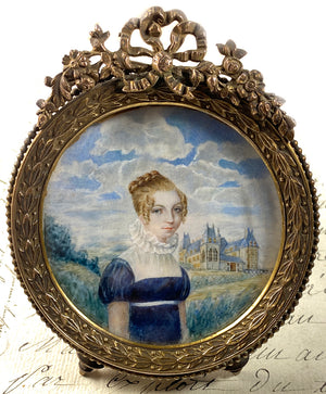 Antique c.1815-25 French Portrait Miniature, Beautiful Blond and Chateau in Distance, Dore Bronze Frame