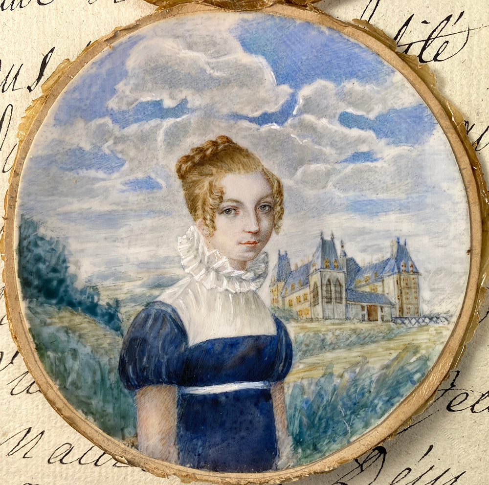 Antique c.1815-25 French Portrait Miniature, Beautiful Blond and Chateau in Distance, Dore Bronze Frame