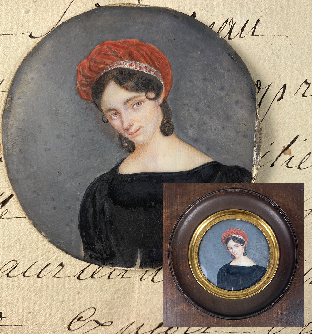 Antique French Portrait Miniature, 3/4 Pose, Woman in White Bonnet