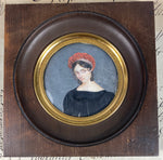Antique French Portrait Miniature c.1830s Sensuous Dark Beauty in Velvet Slouch Cap