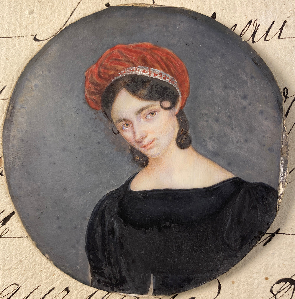 Antique French Portrait Miniature c.1830s Sensuous Dark Beauty in Velvet Slouch Cap