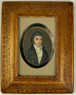 Antique French Portrait Miniature of a Gentleman, c.1830 in Leather Clad Wood Frame