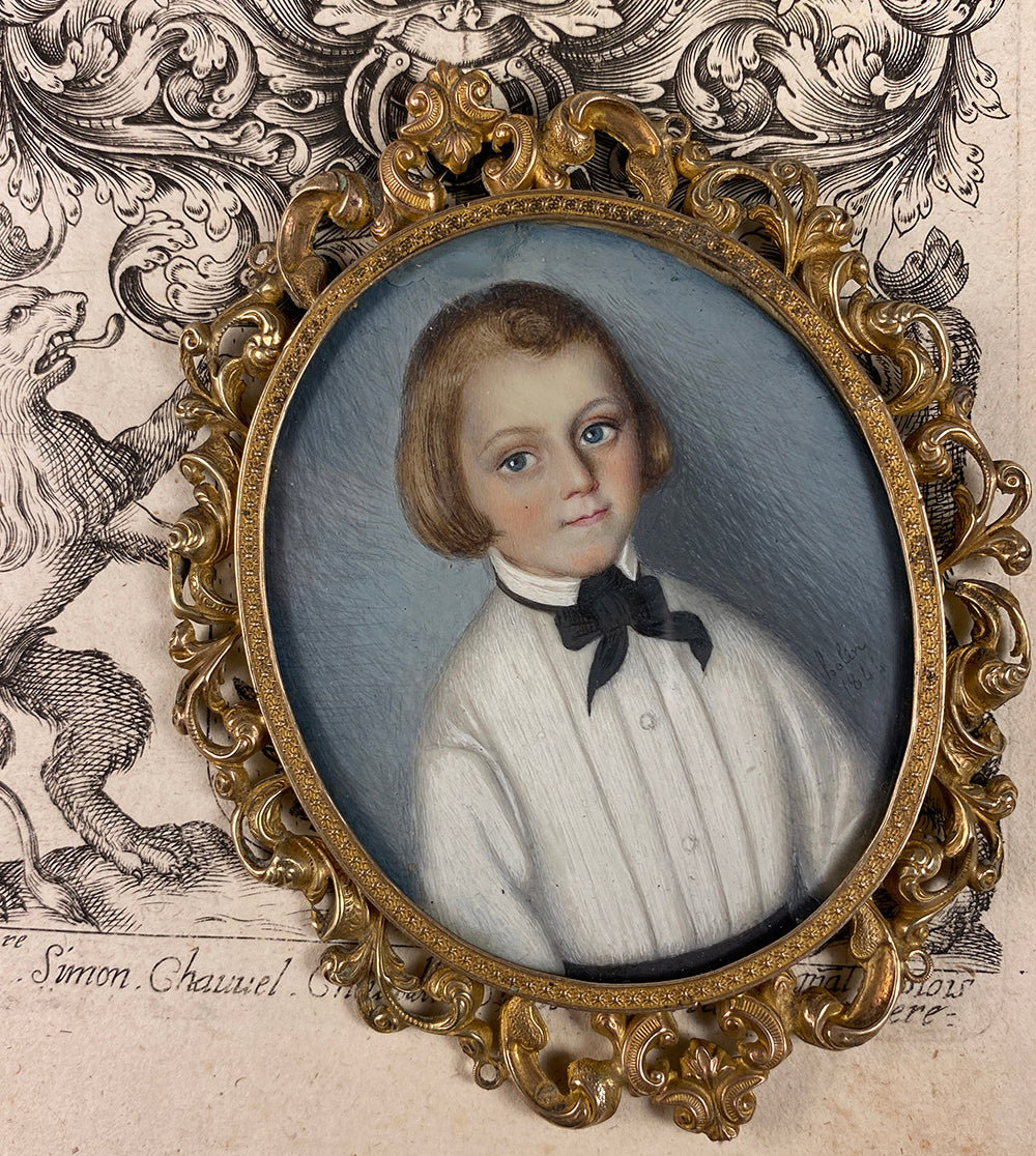 Antique c.1844 French Portrait Miniature of a Blond Blue Eyed Boy, Child, Artist Signed