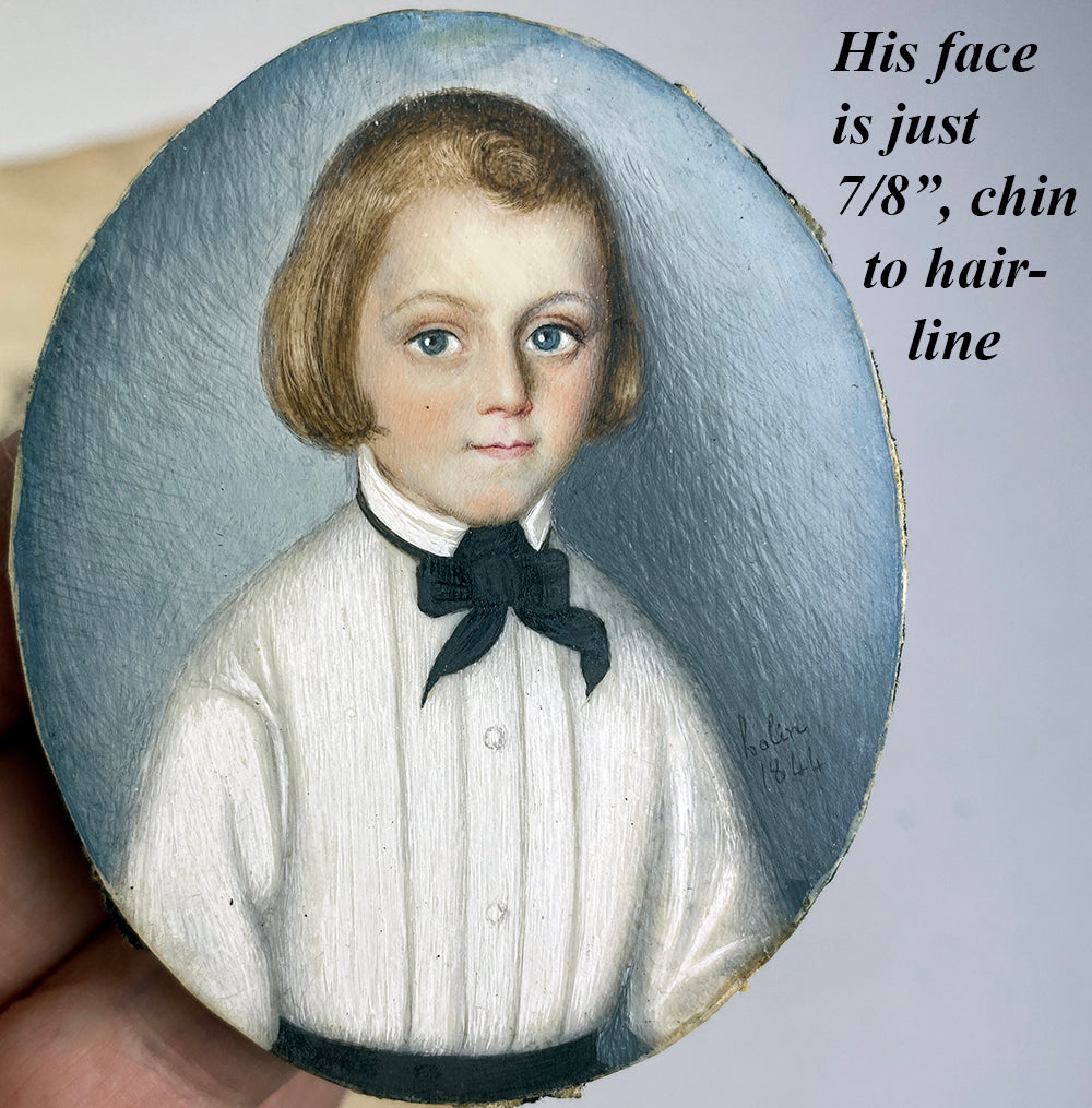 Antique c.1844 French Portrait Miniature of a Blond Blue Eyed Boy, Child, Artist Signed