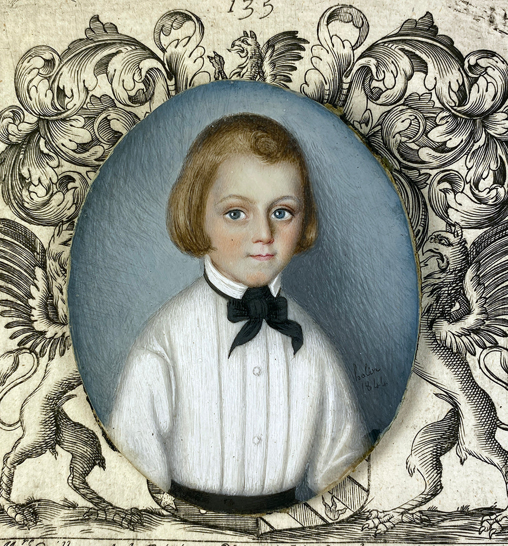 Antique c.1844 French Portrait Miniature of a Blond Blue Eyed Boy, Child, Artist Signed