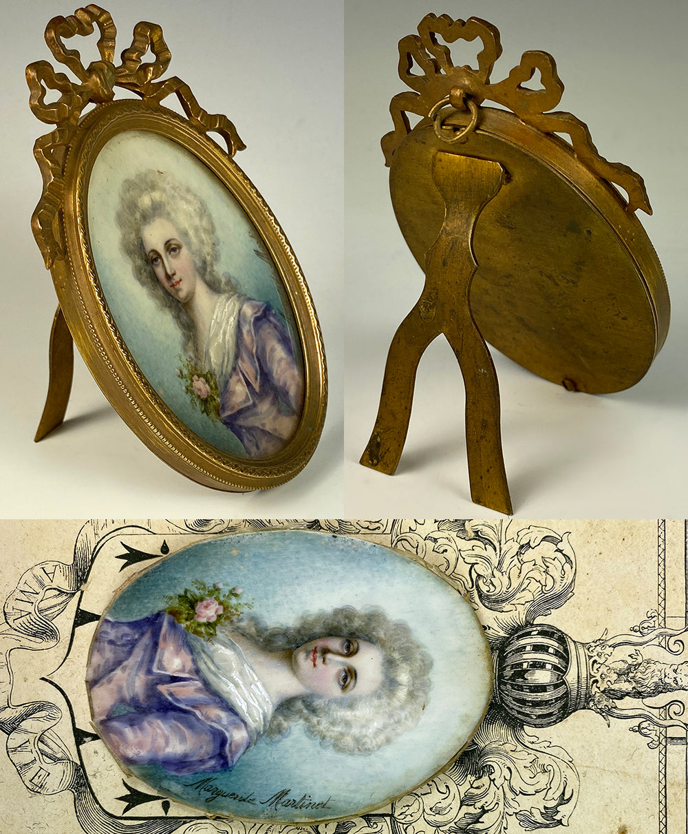 Antique French Grand Tour Souvenir Portrait Miniature of Marie-Antoinette, Bronze Bow Top Frame