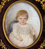 Antique French Kiln-fired Enamel Portrait Miniature of a Child, Artist Signed, Blond Toddler 1895