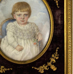 Antique French Kiln-fired Enamel Portrait Miniature of a Child, Artist Signed, Blond Toddler 1895