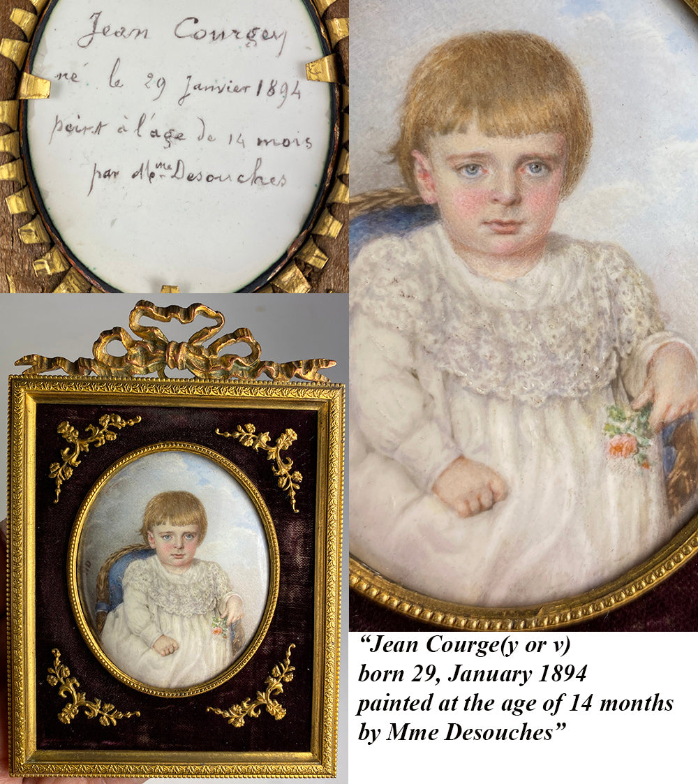 Antique French Kiln-fired Enamel Portrait Miniature of a Child, Artist Signed, Blond Toddler 1895