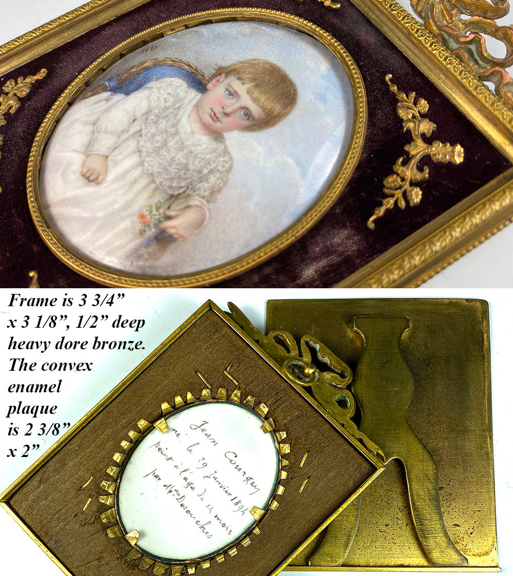 Antique French Kiln-fired Enamel Portrait Miniature of a Child, Artist Signed, Blond Toddler 1895