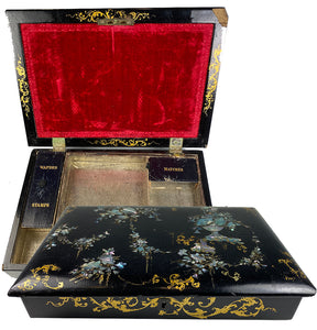 Antique English Victorian Era Papier Mache Writer's Box, Inlaid Mother of Pearl