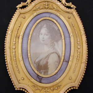 Antique French Dore Bronze Empire Hand Mirror, Portrait Miniature in Grisaille, Marie-Louise, Kiln-fired Enamel Mat