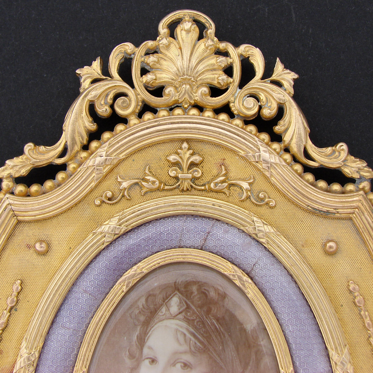 Antique French Dore Bronze Empire Hand Mirror, Portrait Miniature in Grisaille, Marie-Louise, Kiln-fired Enamel Mat