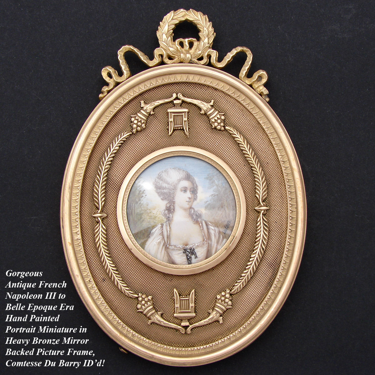 Antique French HP Portrait Miniature: Comtesse du Barry ID'd, Ornate Bronze Frame