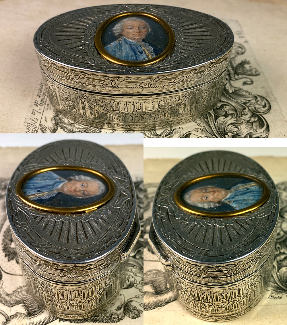 RARE Antique c.1777 French Sterling Silver Snuff Box, Portrait Miniature of a Noble