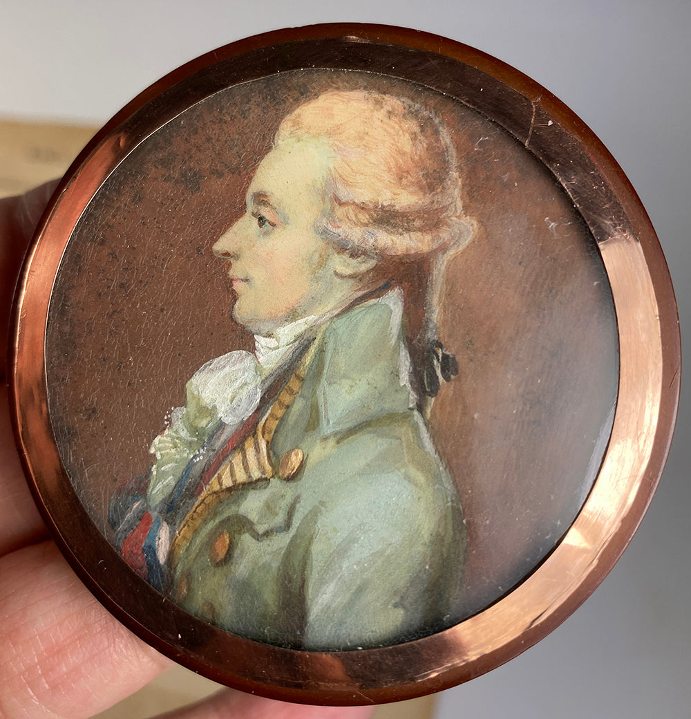 RARE c.1770s French Portrait Miniature on Blond Tortoise Shell Snuff Box, 18k Gold Mount