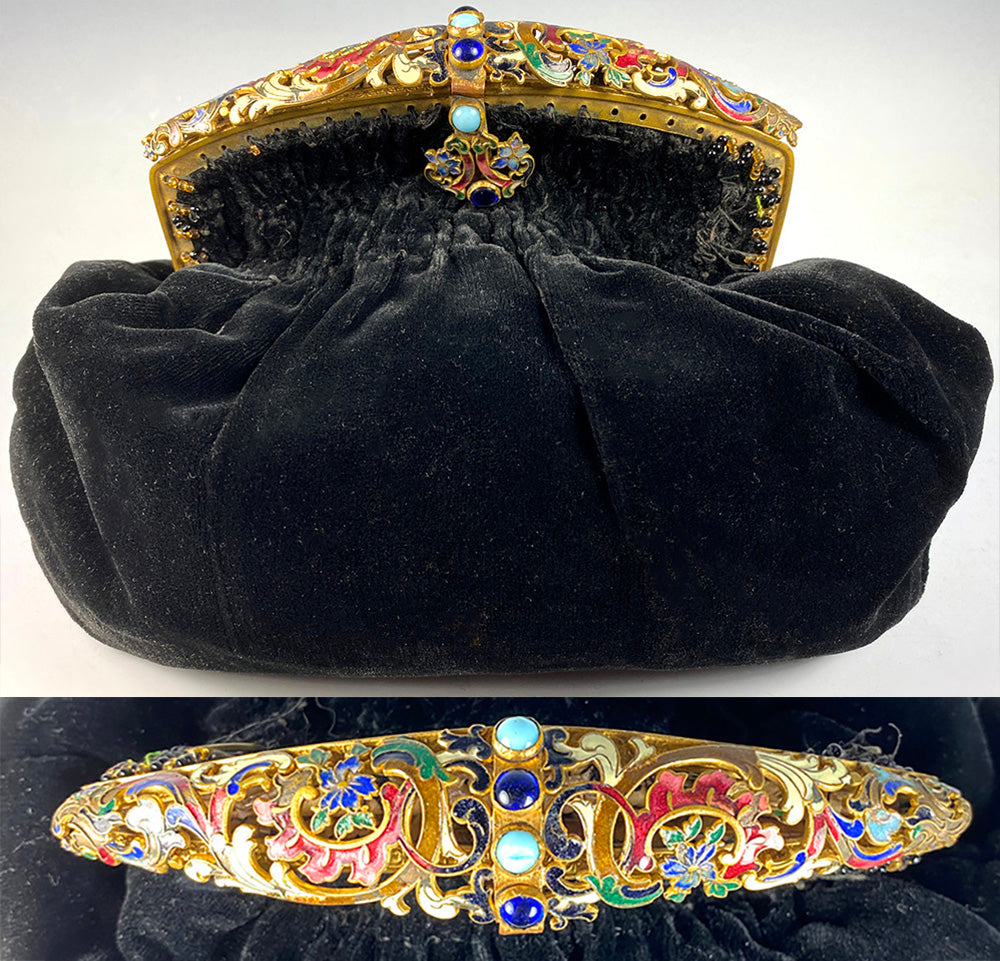 Antique French Napoleon III (mid-Victorian) era Champleve Enamel Jeweled Frame Velvet Evening Purse, Bag