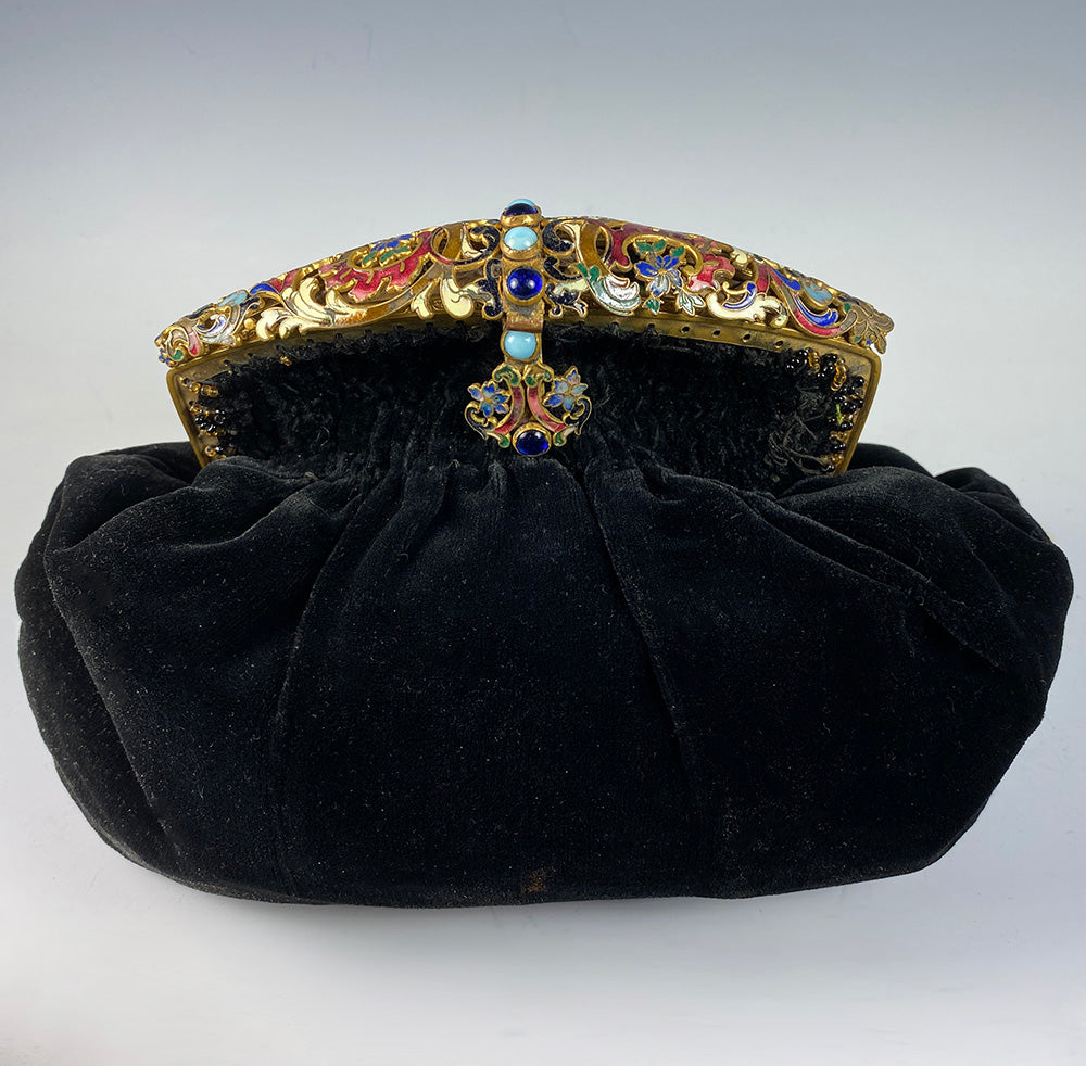 Antique French Napoleon III (mid-Victorian) era Champleve Enamel Jeweled Frame Velvet Evening Purse, Bag