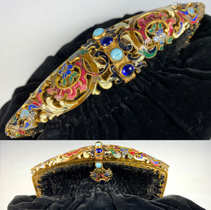 Antique French Napoleon III (mid-Victorian) era Champleve Enamel Jeweled Frame Velvet Evening Purse, Bag