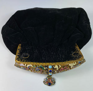 Antique French Napoleon III (mid-Victorian) era Champleve Enamel Jeweled Frame Velvet Evening Purse, Bag