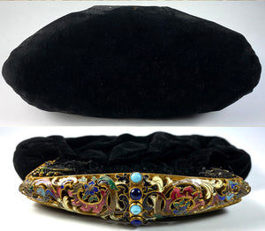 Antique French Napoleon III (mid-Victorian) era Champleve Enamel Jeweled Frame Velvet Evening Purse, Bag