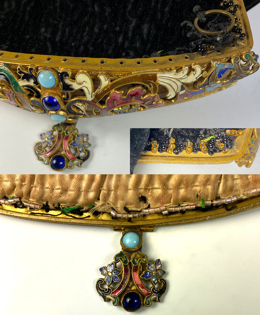 Antique French Napoleon III (mid-Victorian) era Champleve Enamel Jeweled Frame Velvet Evening Purse, Bag