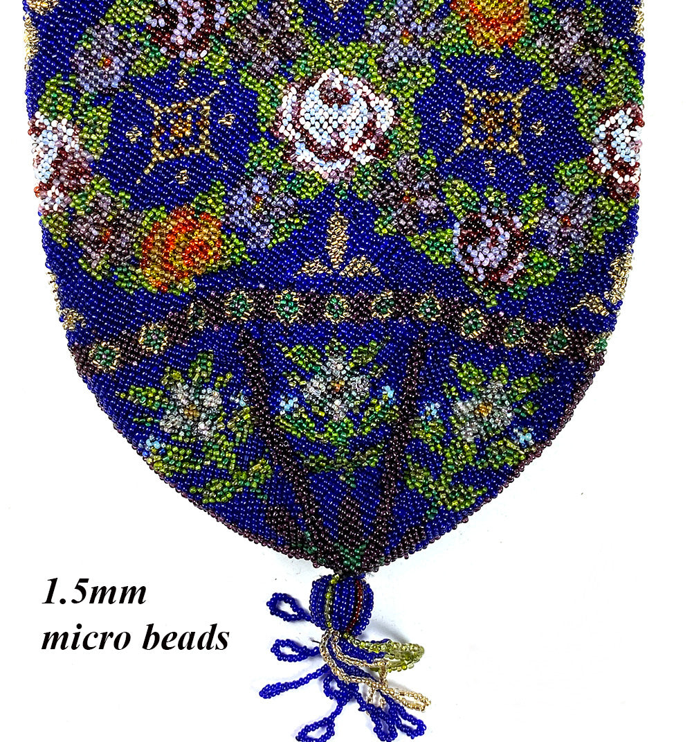 Antique Glass 1mm Micro Bead Beadwork Purse, Pouch, Bag, Florals on Royal Blue