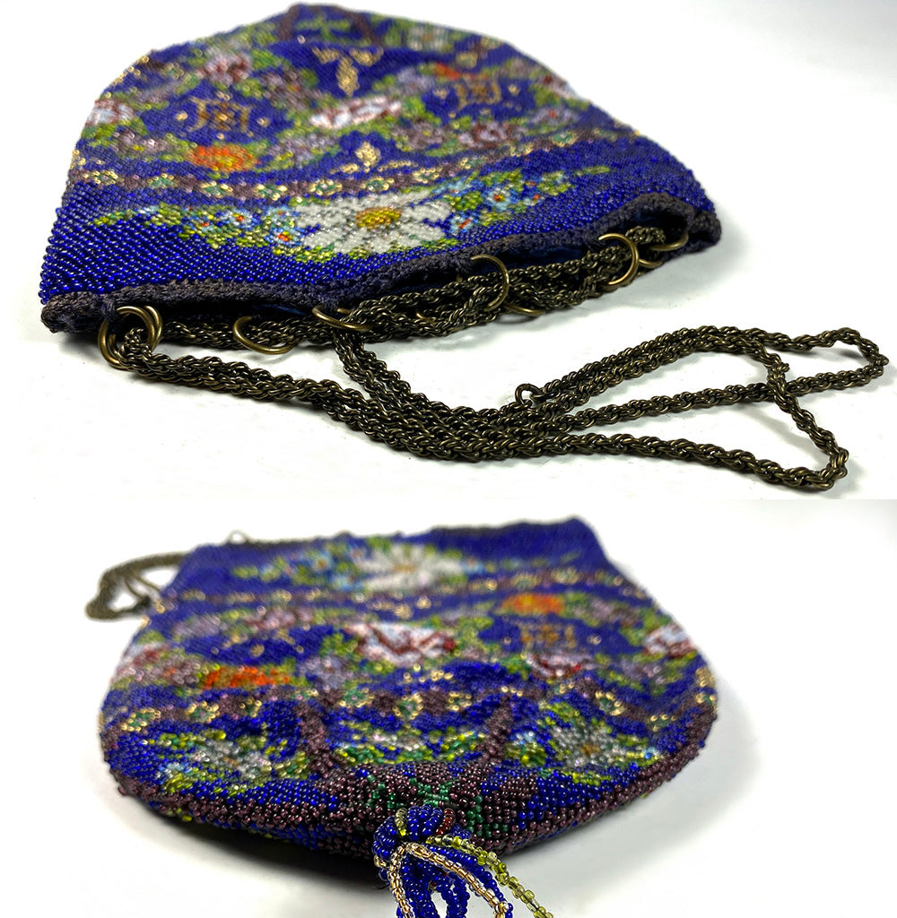 Antique Glass 1mm Micro Bead Beadwork Purse, Pouch, Bag, Florals on Royal Blue
