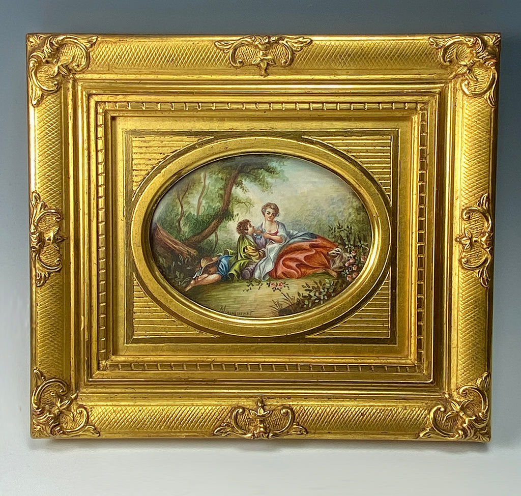 Early 1900s French Hand Painted Grand Tour Souvenir Miniature Portrait, Painting after Boucher