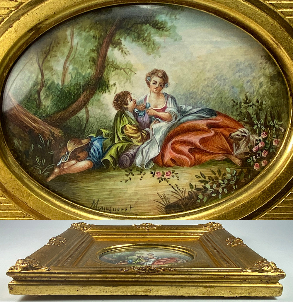 Early 1900s French Hand Painted Grand Tour Souvenir Miniature Portrait, Painting after Boucher