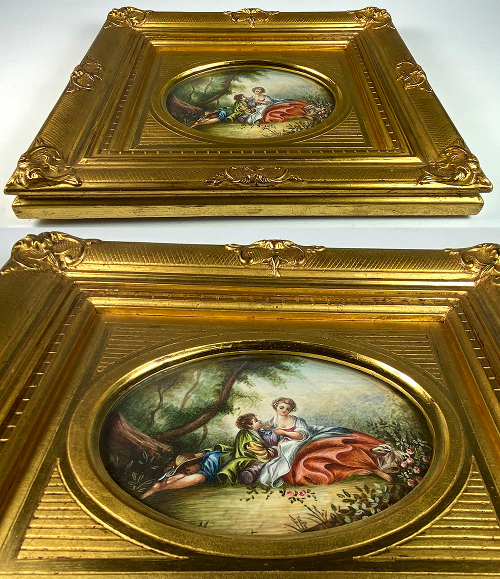 Early 1900s French Hand Painted Grand Tour Souvenir Miniature Portrait, Painting after Boucher