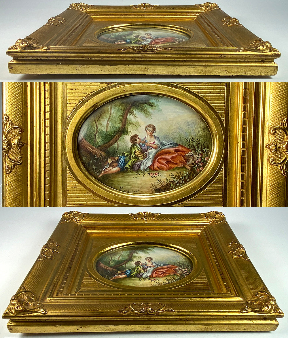 Early 1900s French Hand Painted Grand Tour Souvenir Miniature Portrait, Painting after Boucher