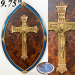 Antique French Napoleon III 9.75" Icon, Gilt Bronze & Enamel Framed Plaque, Burled Wood & Cross with Christ Figure