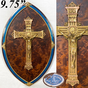 Antique French Napoleon III 9.75" Icon, Gilt Bronze & Enamel Framed Plaque, Burled Wood & Cross with Christ Figure