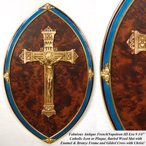 Antique French Napoleon III 9.75" Icon, Gilt Bronze & Enamel Framed Plaque, Burled Wood & Cross with Christ Figure